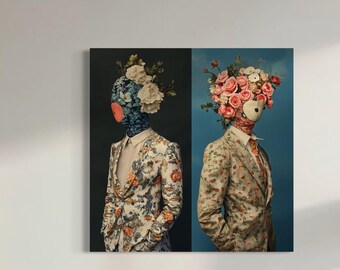 May include: A rectangular wall art print featuring two figures in floral suits standing side by side. The left figure has a dark blue floral head, and the right figure has a large bouquet of pink and white roses as a head, set against a split black and blue background.