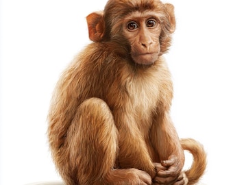 May include: A small monkey with light brown fur sitting in a hunched position. The monkey has dark brown eyes, rounded ears, and a textured coat of hair covering its entire body. Its hands are clasped together in front of its legs.