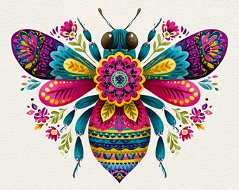 May include: A stylized illustration of a bee featuring vibrant colors including magenta, teal, yellow, and purple. The insect body is adorned with intricate floral patterns and geometric shapes, with a large central flower on the thorax.