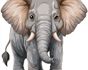 May include: A cartoon-style illustration of a gray elephant standing in a forward-facing position. The elephant features large, wide ears, a long trunk, two curved ivory-colored tusks, and a thin tail with a tuft of hair at the end.