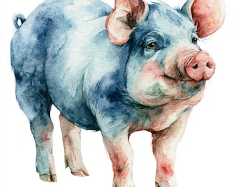 May include: A watercolor illustration of a pig standing in profile, featuring a body painted in shades of deep blue and indigo with soft pink accents on the ears, snout, and lower legs. The pig has a curled tail and a gentle facial expression.