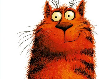 May include: A vibrant orange cat illustration with dark brown tabby stripes, wide yellow eyes, a dark nose, and long whiskers. The cat has a fluffy, textured appearance with a slightly tilted head and a subtle, curved line representing a mouth.