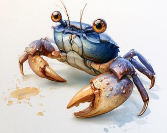 May include: A stylized illustration of a crab with a deep blue shell and large, prominent orange eyes on stalks. The crab features textured, golden-brown claws and legs, with small brown paint splatters surrounding the creature on a white background.