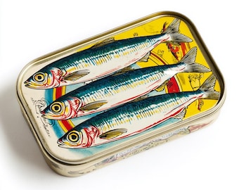May include: A rectangular metal tin featuring a vibrant yellow background with a detailed illustration of three sardines arranged diagonally. The fish are depicted with silver, blue, and red scales, large eyes, and fins, set against a circular red and blue graphic element.