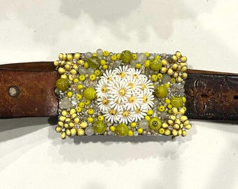 Vintage Flower Power Daisy Belt Buckle | Upcycled Brooch Statement Buckle | Boho Hippie Festival Accessory
