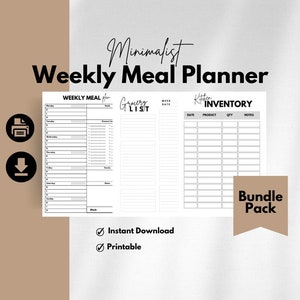 Puede incluir: Paquete imprimible de planificador de comidas semanal, lista de la compra e inventario de cocina. El planificador incluye secciones para cada día de la semana, una lista de la compra y una lista de inventario de cocina. El texto "Minimalist Weekly Meal Planner" está en la parte superior de la página.