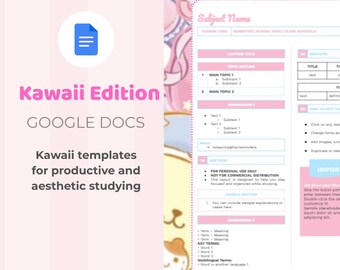 Modello di appunti Kawaii per Google Docs | Appunti di studio estetici e carini | Quaderno digitale pastello per studenti | Modello di appunti Cornell