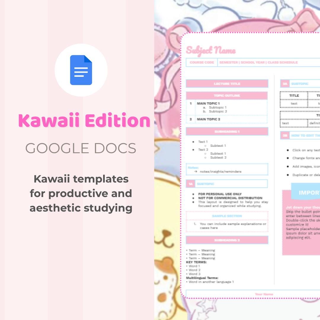 Kawaii Notes Template Google Docs | Cute Aesthetic Study Notes | Pastel ...