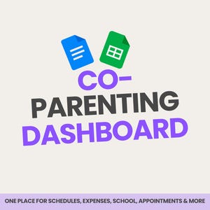 Puede incluir: Un gráfico digital con un icono de documento azul y un icono de hoja de cálculo verde sobre el texto morado CO-PARENTING DASHBOARD. Debajo, el texto dice ONE PLACE FOR SCHEDULES, EXPENSES, SCHOOL, APPOINTMENTS & MORE.