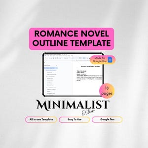 Puede incluir: Un diseño gráfico rosa y blanco para una plantilla de esquema de novela romántica. La plantilla está hecha para Google Docs y tiene 18 páginas. El texto "Minimalist Edition" se muestra en negro. La plantilla se describe como "Todo en una plantilla", "Fácil de usar" y "Google Doc".