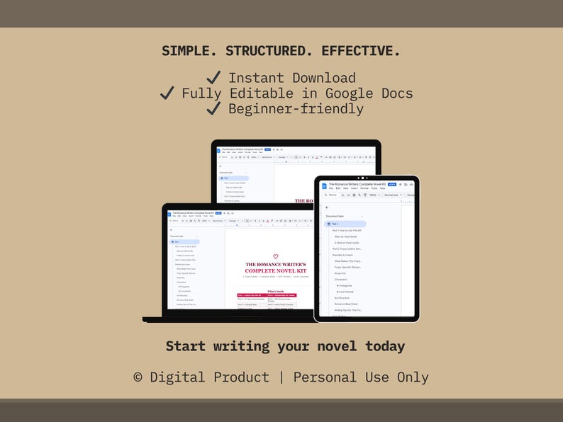 Peut inclure: Image de trois appareils &eacute;lectroniques : un ordinateur portable, une tablette et un &eacute;cran d'ordinateur. Les &eacute;crans affichent un document intitul&eacute; "THE ROMANCE WRITER'S COMPLETE NOVEL KIT". Le texte "SIMPLE. STRUCTURED. EFFECTIVE." est en haut.