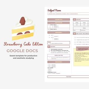 Op de afbeelding: Een digitale sjabloon voor Google Docs, met een stuk aardbeientaart. De tekst luidt "Strawberry Cake Edition" en "Sweet template for productive and aesthetic studying".