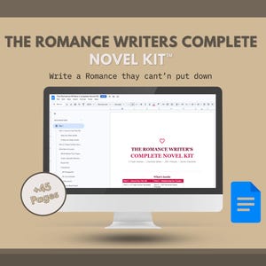 Puede incluir: Una pantalla de ordenador muestra "THE ROMANCE WRITER'S COMPLETE NOVEL KIT". El texto "Write a Romance they can't put down" está encima del monitor. Un icono de documento azul y un gráfico circular con "+45 Pages" también son visibles.
