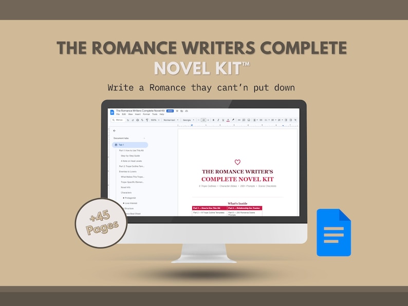 Peut inclure: Un &eacute;cran d'ordinateur affiche "THE ROMANCE WRITER'S COMPLETE NOVEL KIT". Le texte "Write a Romance they can't put down" est au-dessus du moniteur. Une ic&ocirc;ne de document bleue et un graphique circulaire avec "+45 Pages" sont &eacute;galement visibles.