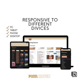 Pu&ograve; includere: Un mockup di un'app di pianificazione della scrittura su un computer desktop, un tablet e un telefono. L'app ha uno sfondo scuro con testo e icone grigio chiaro. L'app &egrave; progettata per aiutare gli scrittori a organizzare i loro progetti, i loro personaggi e la trama.