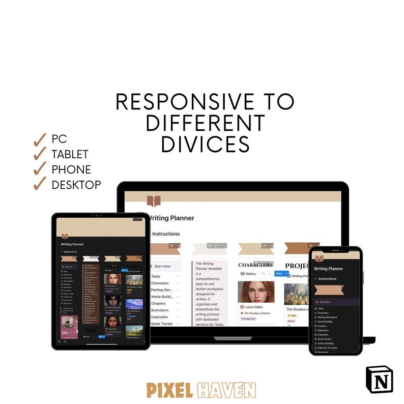 Pu&ograve; includere: Un mockup di un'app di pianificazione della scrittura su un computer desktop, un tablet e un telefono. L'app ha uno sfondo scuro con testo e icone grigio chiaro. L'app &egrave; progettata per aiutare gli scrittori a organizzare i loro progetti, i loro personaggi e la trama.