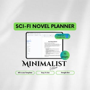 Puede incluir: Una plantilla de planificador digital para escribir una novela de ciencia ficción. La plantilla está diseñada para Google Docs y se llama "Sci-Fi Novel Planner: Minimalist Edition". La plantilla tiene 10 páginas e incluye secciones para lluvia de ideas, esquema y desarrollo de personajes.