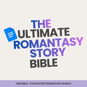 Może przedstawiać: Cyfrowa grafika przedstawiająca niebieską ikonę dokumentu obok tekstu THE ULTIMATE ROMANTASY STORY BIBLE czcionką z gradientem od niebieskiego do fioletowego. Poniżej znajduje się fioletowy pasek z tekstem ONE BIBLE. YOUR ENTIRE ROMANTASY WORLD.