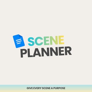 Könnte beinhalten: Ein Logo mit einem blauen Dokumentensymbol neben dem Text SCENE PLANNER in einem Farbverlauf von Blau zu Gelb, wobei das Wort PLANNER darunter in Dunkelgrau steht. Unten ist der Text GIVE EVERY SCENE A PURPOSE in Dunkelgrau zentriert.