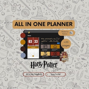 Puede incluir: Una plantilla de planificador digital para la aplicación Notion, con un tema de Harry Potter. La plantilla incluye un calendario, secciones de planificación diaria y semanal, gestión del hogar y el hogar, cuidado personal y salud mental, y seguimiento financiero. La plantilla está diseñada en un esquema de color Gryffindor con un escudo de Gryffindor y el texto "Harry Potter Edition".