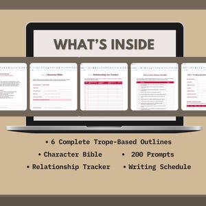 Peut inclure: Un &eacute;cran d'ordinateur portable affichant "WHAT'S INSIDE" et des aper&ccedil;us de documents. Les documents incluent des plans, une bible de personnages, un suivi des relations, des invites et un calendrier d'&eacute;criture. L'image r&eacute;pertorie &eacute;galement le contenu : 6 plans bas&eacute;s sur des tropes complets, 200 invites.