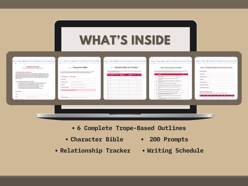 Peut inclure: Un &eacute;cran d'ordinateur portable affichant "WHAT'S INSIDE" et des aper&ccedil;us de documents. Les documents incluent des plans, une bible de personnages, un suivi des relations, des invites et un calendrier d'&eacute;criture. L'image r&eacute;pertorie &eacute;galement le contenu : 6 plans bas&eacute;s sur des tropes complets, 200 invites.