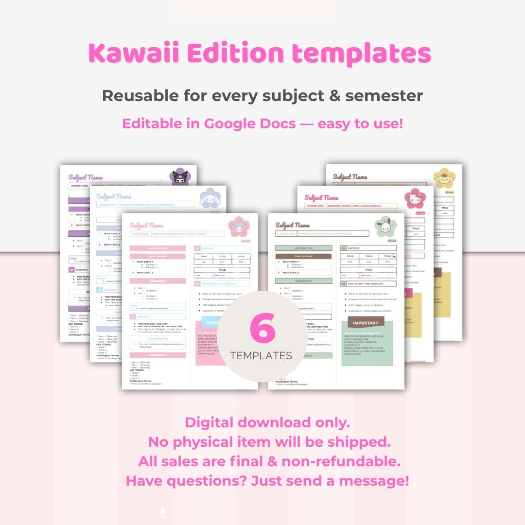 Kawaii Notes Template Google Docs | Cute Aesthetic Study Notes | Pastel ...