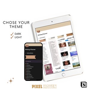 Pu&ograve; includere: Uno screenshot di un'app di pianificazione digitale per scrittori, che mostra una modalit&agrave; scura e una modalit&agrave; chiara. L'app presenta sezioni per attivit&agrave;, personaggi, trama, creazione di mondi, capitoli, ispirazione, obiettivi, creazione del marchio dell'autore, spese e redditi. L'app include anche una sezione per i progetti, con immagini di diversi mondi fantastici.
