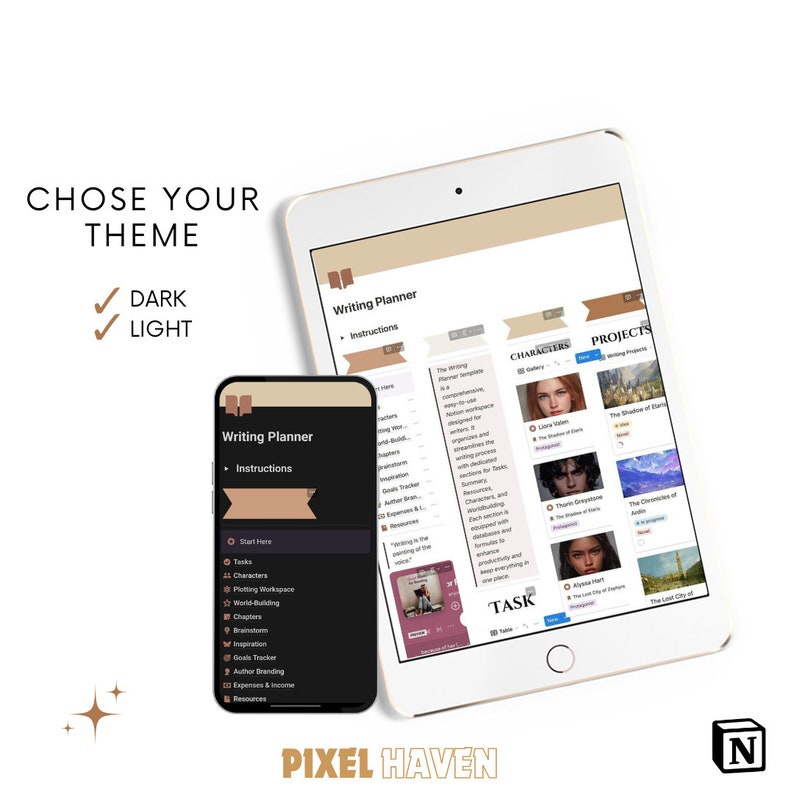 Pu&ograve; includere: Uno screenshot di un'app di pianificazione digitale per scrittori, che mostra una modalit&agrave; scura e una modalit&agrave; chiara. L'app presenta sezioni per attivit&agrave;, personaggi, trama, creazione di mondi, capitoli, ispirazione, obiettivi, creazione del marchio dell'autore, spese e redditi. L'app include anche una sezione per i progetti, con immagini di diversi mondi fantastici.