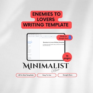 Puede incluir: Una plantilla de escritura digital titulada "Enemies to Lovers" que se muestra en la pantalla de una tableta. La plantilla está diseñada para Google Docs y tiene 16 páginas. El diseño es minimalista, con las palabras "All In One Template" y "Easy To Use".
