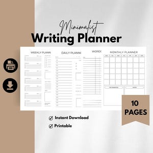 Puede incluir: Un planificador de escritura imprimible en blanco y negro con 10 páginas. El planificador incluye secciones para la planificación semanal, diaria, mensual y del conteo de palabras. El texto "Minimalist Writing Planner" está en la parte superior de la página.