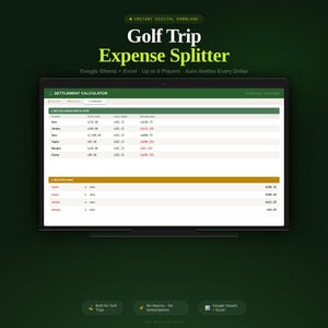 May include: A digital display shows a "Golf Trip Expense Splitter" spreadsheet. The screen displays a settlement calculator with player names, amounts paid, and balances. Text at the top reads "Instant Digital Download". The spreadsheet is designed for Google Sheets and Excel.