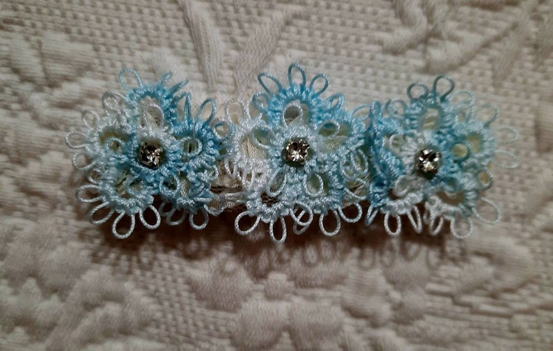 3-3/4 hair clips with handmade light blue variegated tatted flowers. You will receive these within 1 to 2 weeks. image 1