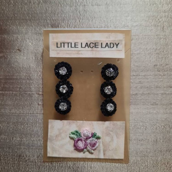 Hand Tatted Black Pierced Earrings with Center Rhinestone