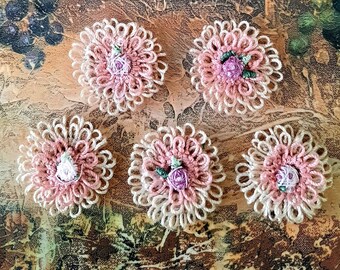 Set of 5 Hand tatted triple layered delicate flowers.