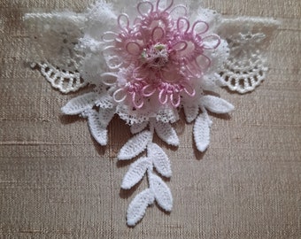 3-3/4" barrette handmade with a pink tatted flower nestled in pretty lace with lacey dangles.