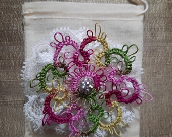 4" x 5" gift bag with my pretty tatted wreath for jewelry items available now in my shop.  The bag has a drawstring at the top