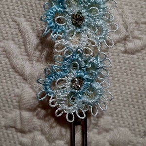 3-3/4 hair clips with handmade light blue variegated tatted flowers. You will receive these within 1 to 2 weeks. image 2