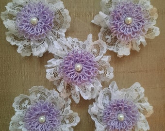 Set of five (5) hand tatted triple layered lavender flowers with a delicate center pearl.