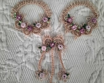 Set of 3 uniquely  tatted lace and flower embellishment pieces to use in cards, clothing,journals and handmade books.
