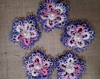 Set of 5 hand tatted double layered flowers for your journal making & crafts.  Each flower is 1-3/4 (almost 2) inches in diameter