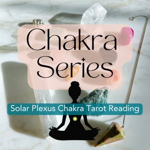 May include: A solar plexus chakra tarot reading with a variety of crystals and a pendulum. The image features a silhouette of a person sitting in a meditative pose with a yellow circle representing the solar plexus chakra.