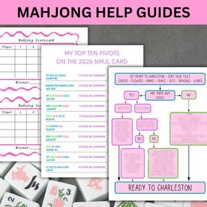 Utskrivbart paket med fusklappar från American Mahjong, topp 10-pivoter och poängkort för 2026, flödesschema för Charleston, PDF-set med spelkvällsspårare för nybörjare