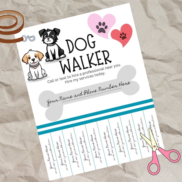 Dog Walker Flyer Printable, Instant Download Dog Flyer, Tear Off Tabs