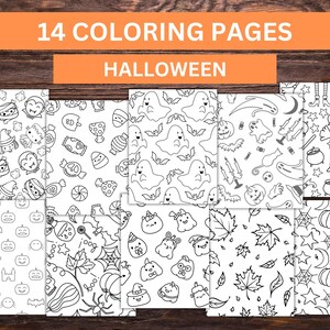 May include: A collection of 14 Halloween-themed coloring pages. Each page features black and white line art of various spooky elements, including ghosts, pumpkins, bats, and candy. The pages are arranged on a wooden surface.