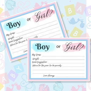 Cartes de genre, baby shower, Brise-glace, prédictions de genre, prédictions de garçons et filles