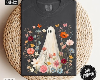 Comfort Colors Ghost Flower Shirt, Retro Halloween Costume Hoodie, Spooky Season Sweatshirt, Gothic Butterfly Tee, Vintage Fall Graphic