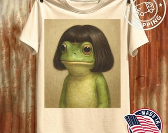 Frog with Bob Haircut Meme T-Shirt, Viral Graphic Sweatshirt, Funny Surreal Amphibian Meme Tee, Aesthetic Animal Portrait Hoodie