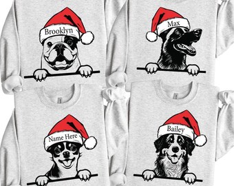 Custom Santa Hat Dogs Graphic Hoodie, Personalized Dog Breed and Dog Name Crewneck Sweatshirt, Personalization Dog Name Shirt