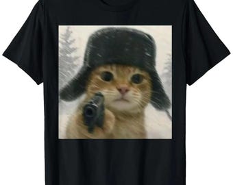 Ushanka Cat Pistol T-Shirt, Funny Russian Meme Tee